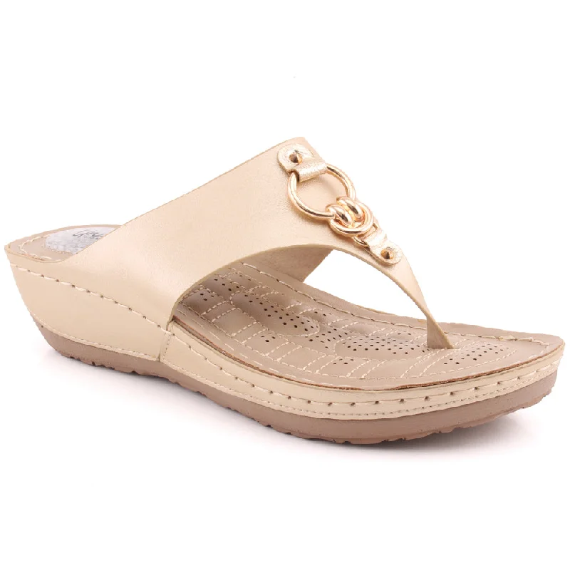 Slippers for cozy nap desks -Women "ATHENA" Metallic Buckle Adorned Thong Comfort Wedge Slippers