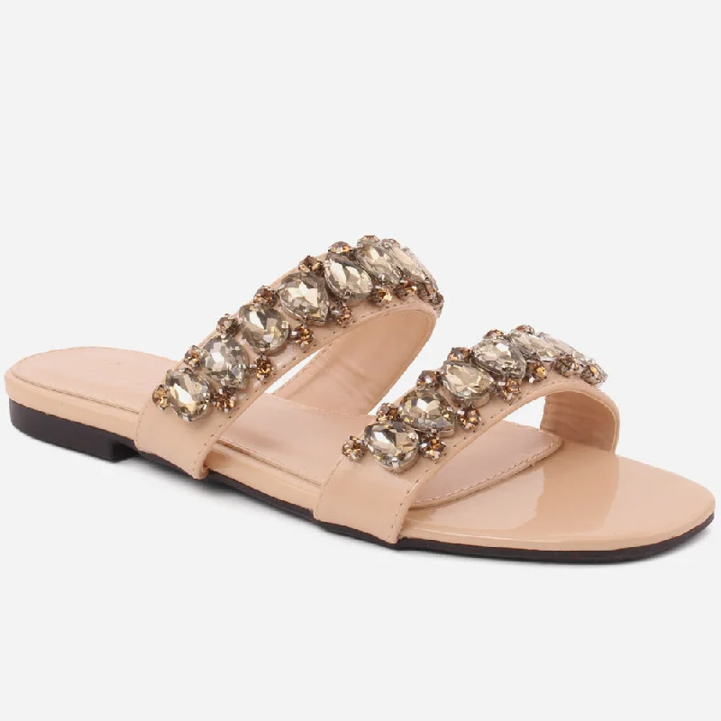 Slippers with stark nap style -Women"CHLOE" Cross Strap Diamante Slippers