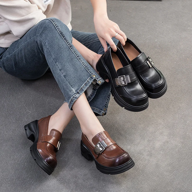 Durable loafers for busy night comfort-Women Retro Buckle Leather Chunky Heel Loafers