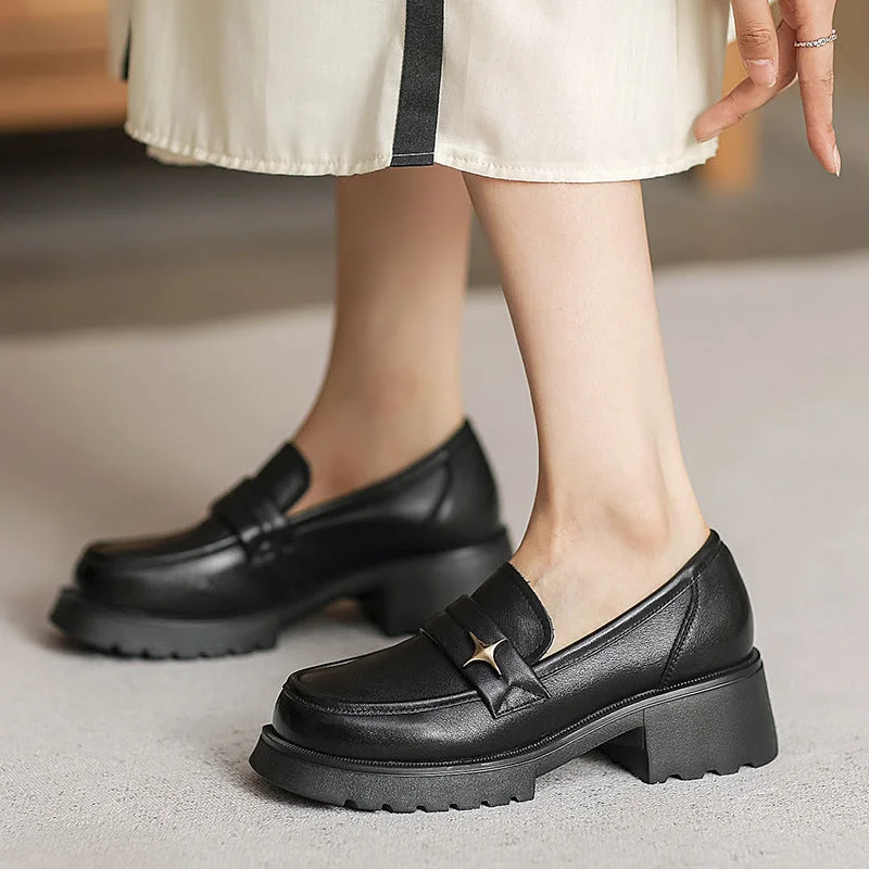 Breathable loafers for warm night comfort-Women Retro Casual Leather Chunky Sole Loafers