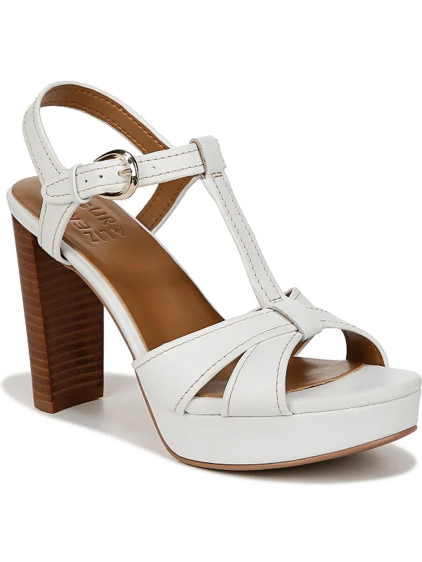 High heels with solid heel fabrics -Womens Leather Block Heel Ankle Strap