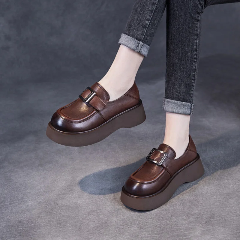 Slip-on loafers for easy evening comfort-Women Retro Solid Leather Thick Soled Casual Loafers