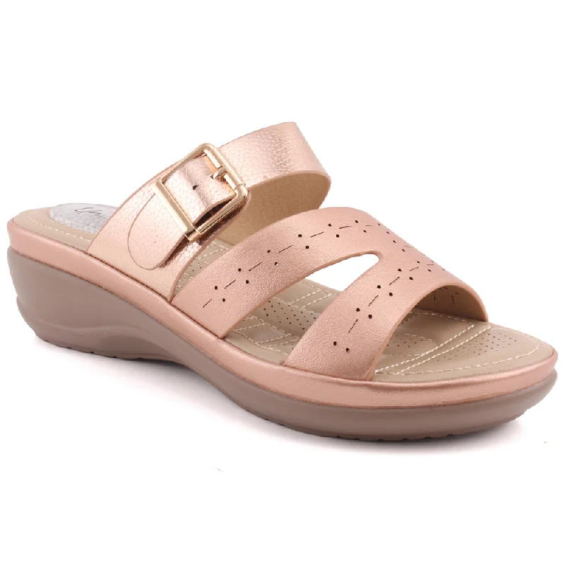 Slippers for flex nap days -Women "BRIELLE" Perforated Strap Open Toe Buckled Wedge Comfort Slippers