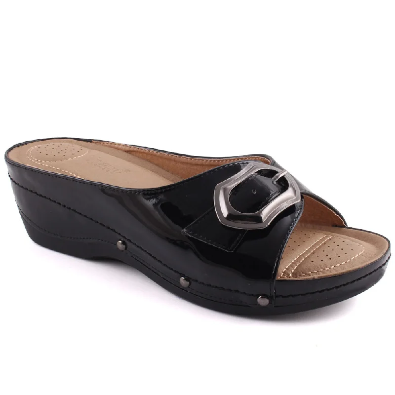 Slippers with mindful nap vibes -Women “GALLA” Buckle Adorned Wedge Comfort Slippers