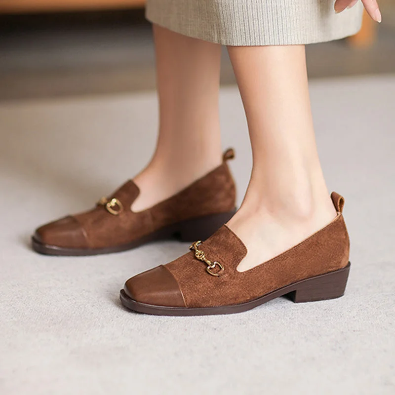 Affordable loafers for budget night outings-Women Retro Leather Square Head Casual Loafers