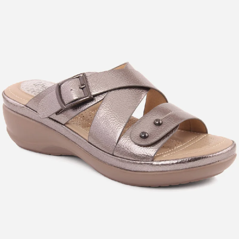 Slippers with lofty foam fill -Women "ALIZEE" Big Buckle Strappy Comfort Slippers