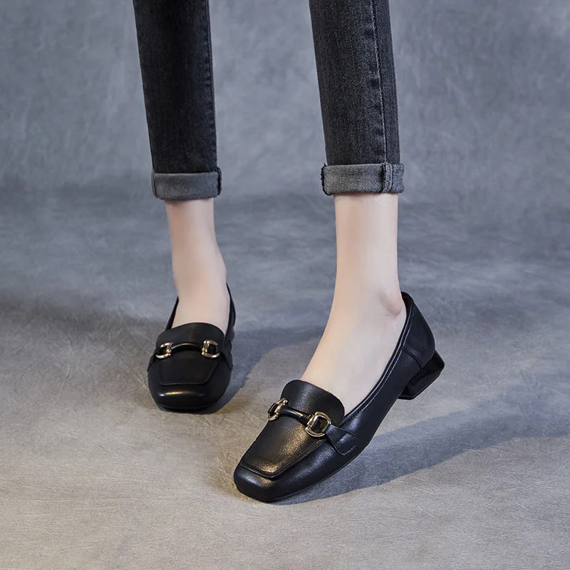 Best loafers for summer night outings-Women Minimalist Buckle Leather Low Block Loafers