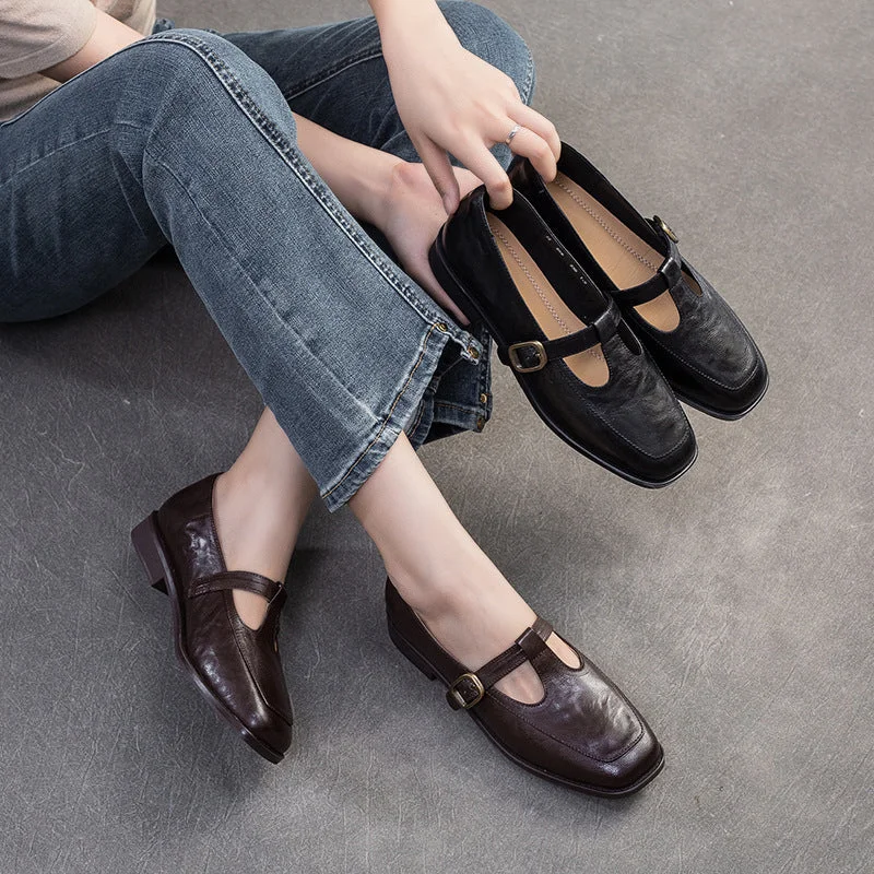 Lightweight loafers for sunny evening comfort-Women T-Strap Retro Leather Casual Loafers