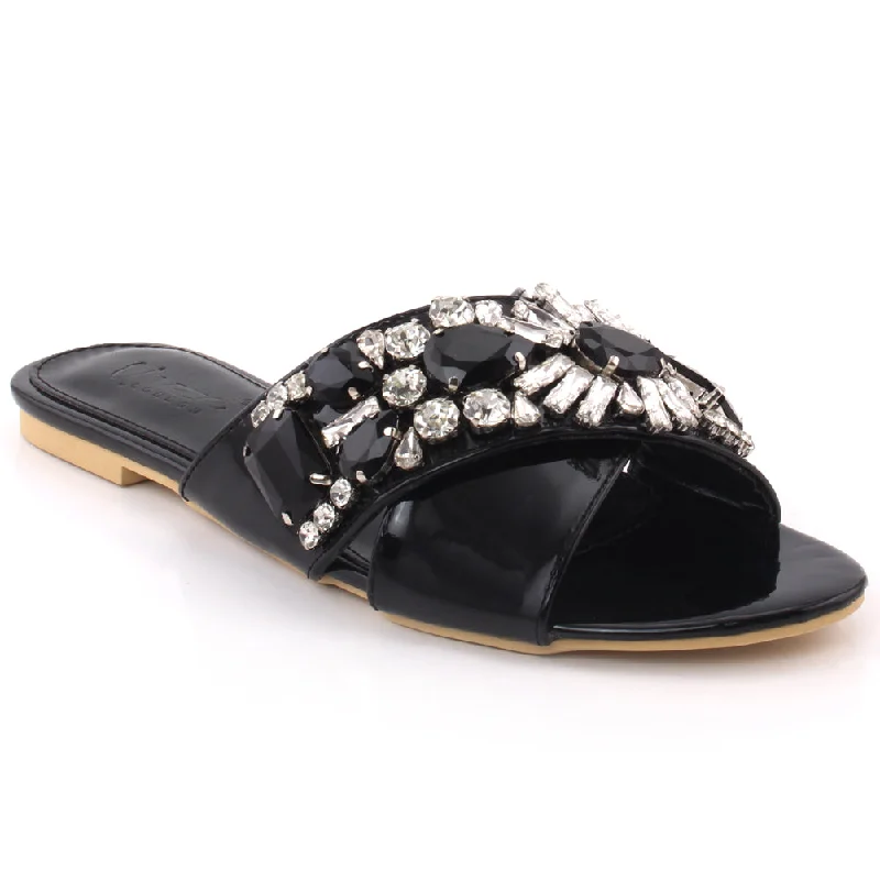 Slippers with mesh nap slits -Women "ANTHEA" Open Toe Stone Embellished Cross Over Slip On Flat Evening Slippers