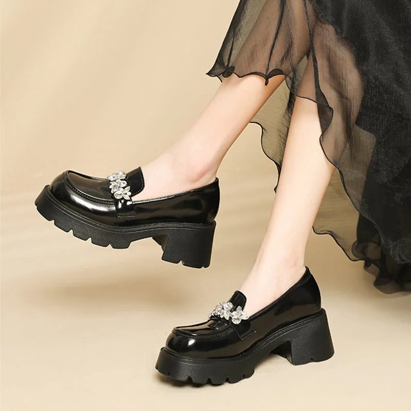 Soft loafers for cozy evening comfort-Women Casual Leather Crystal Chunky Heel Loafers