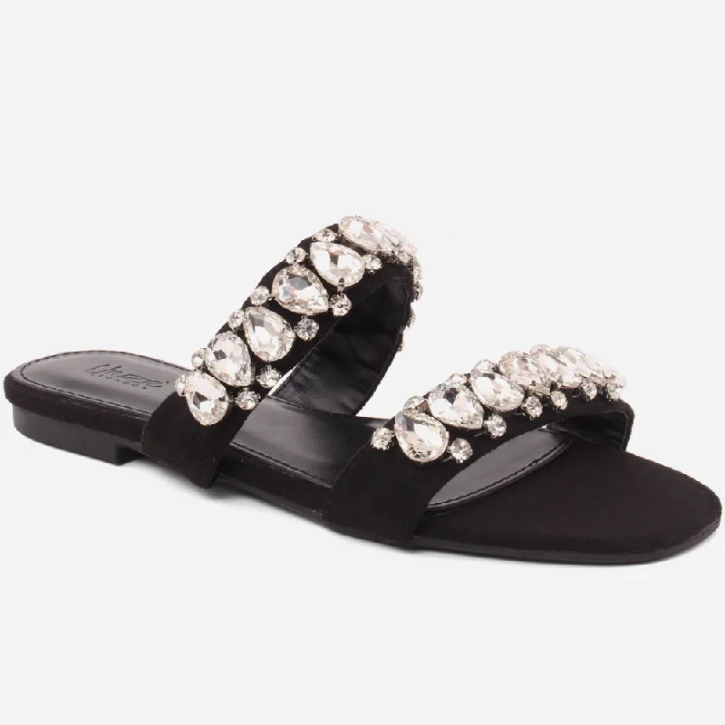 Slippers with deep nap pads -Women"CHLOE" Cross Strap Diamante Slippers