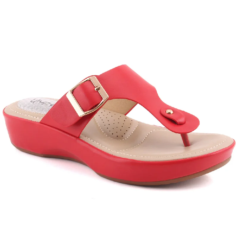 Slippers with deep nap hush -Women "DALEYZA" Thong Buckled Wedge Comfort Slippers