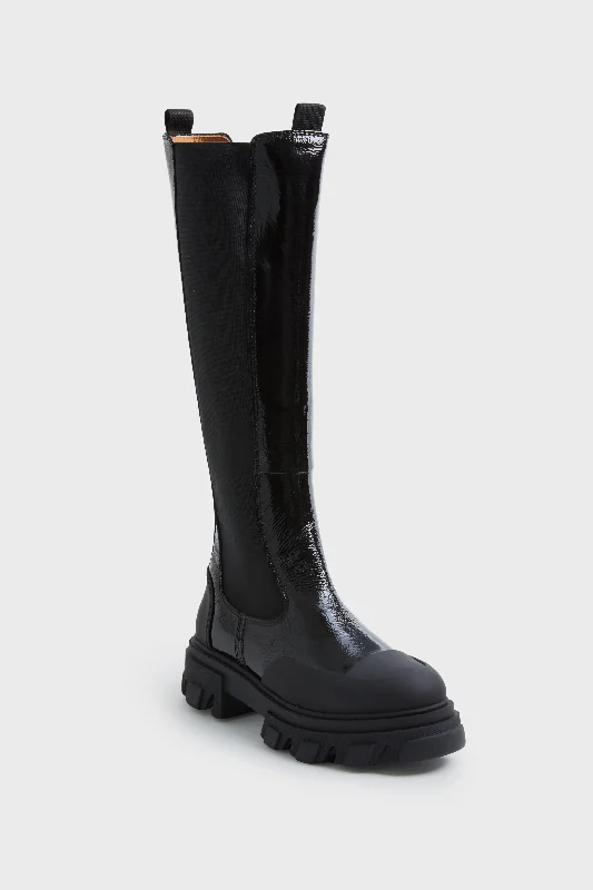 Boots with slim ridge piles -Black Cleated High Chelsea Boot