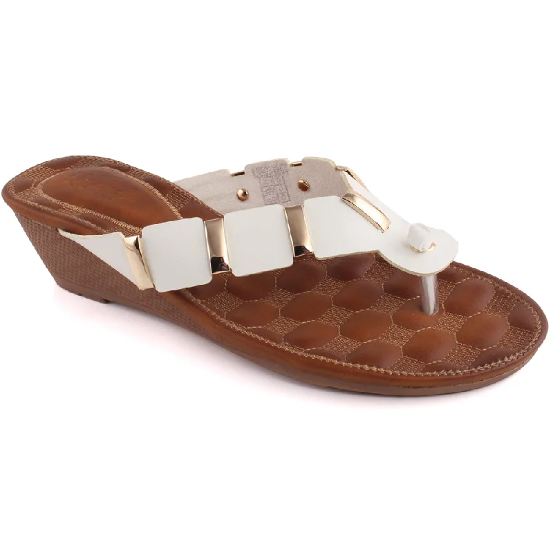 Slippers for home nap play -Women “ GAYNOR” Open Toe Stud  Adorned  Thong Wedge Comfort Slippers