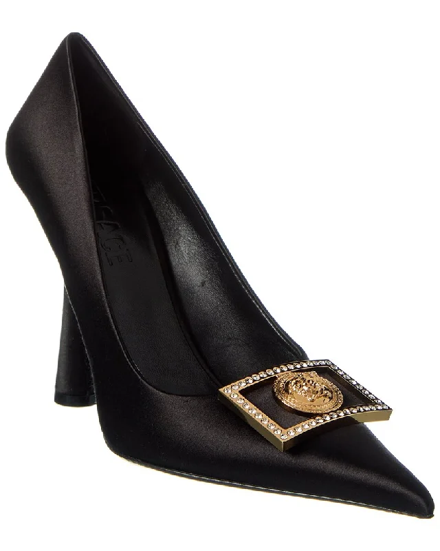 High heels with stark sleek aesthetics -Versace Medusa Plaque Satin Pump