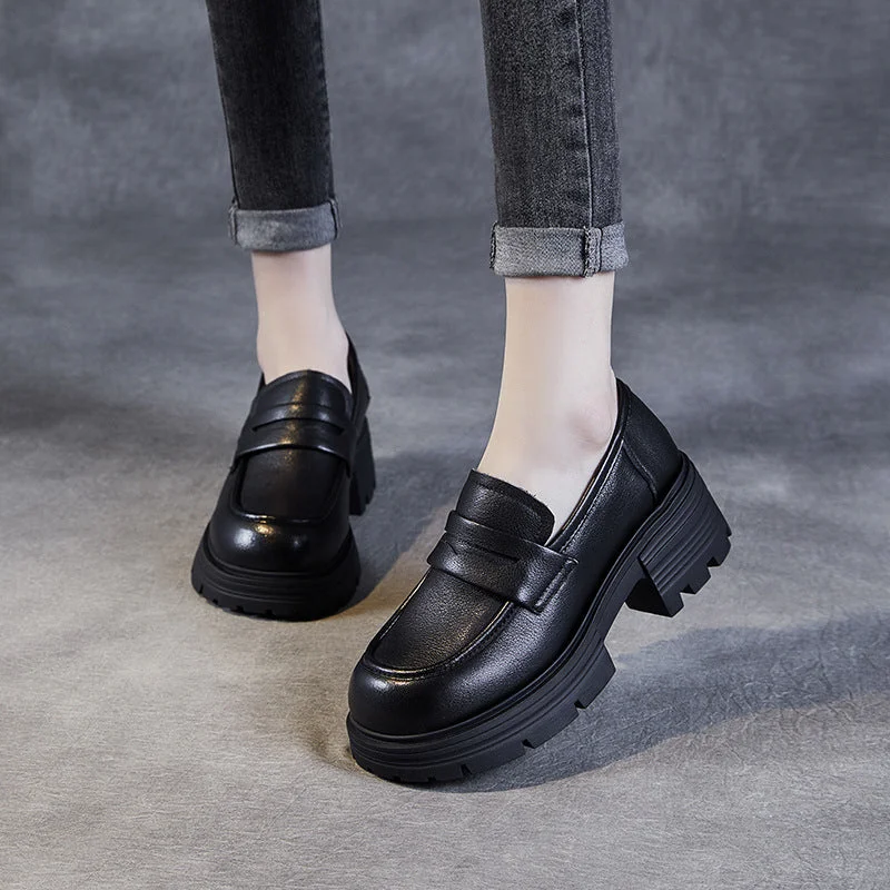 Best loafers for summer evening outings-Women Minimalist Comfort Leather Platform Black Loafers