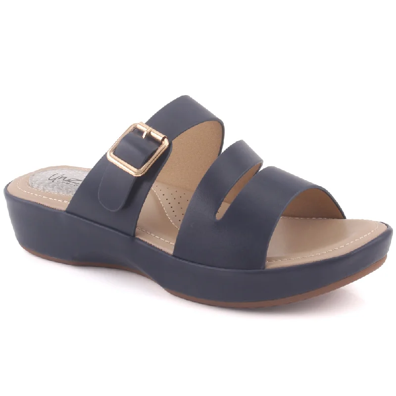 Slippers with pep nap accents -Women "DAHLIA" Open Toe Wedge Tri-Strap Buckled Comfort Slippers