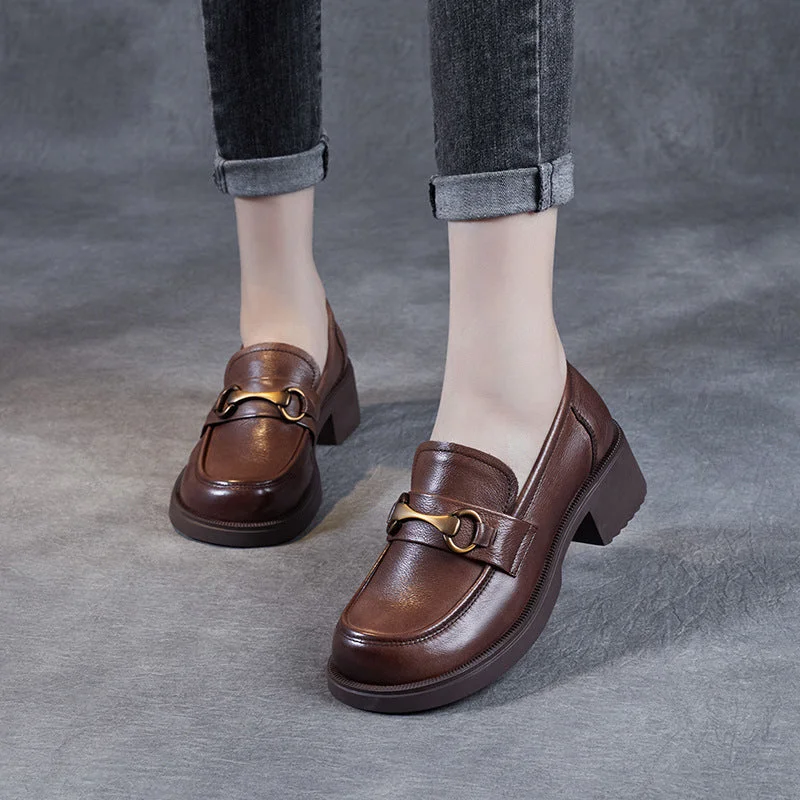 Comfortable loafers for warm evening strolls-Women Retro Cowhide Thick Soled Casual Loafers