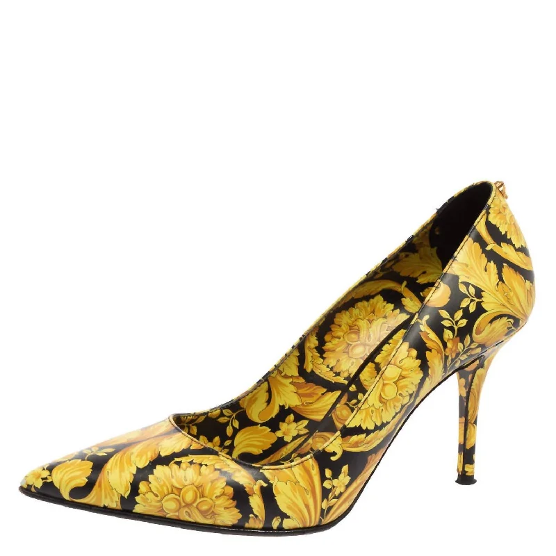 High heels for bustling fall streets -Pre-Loved Abstract Medusa Pointed Toe Pumps In Black & Yellow