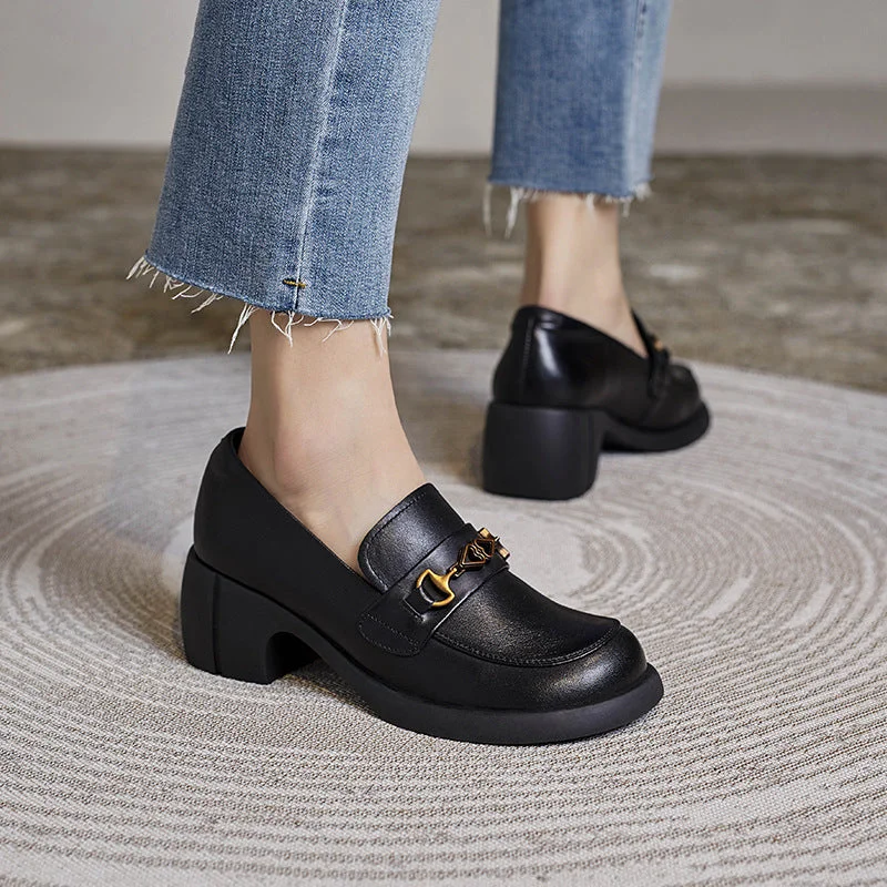 Cushioned loafers for gentle night strolls-Women Retro Cowhide Chunky Sole Casual Loafers