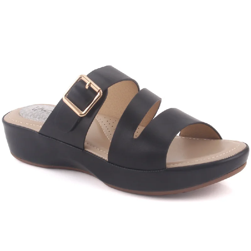 Slippers with calm nap slip -Women "DAHLIA" Open Toe Wedge Tri-Strap Buckled Comfort Slippers