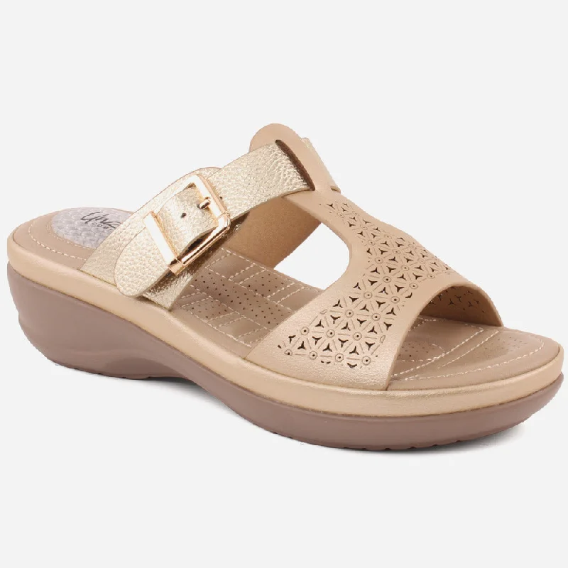 Slippers with dull nap shine -Women "XIMENA" Open Toe Perforated Buckled Wedge Slippers