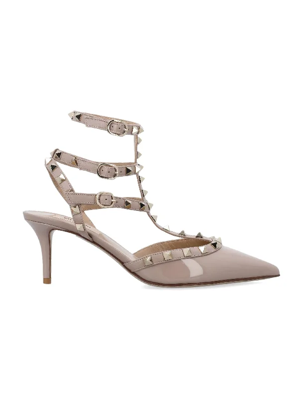 High heels for outdoor dusk walks -VALENTINO GARAVANI Rockstud Patent Leather Pumps with Ankle Strap, 2.5 Inch Heel