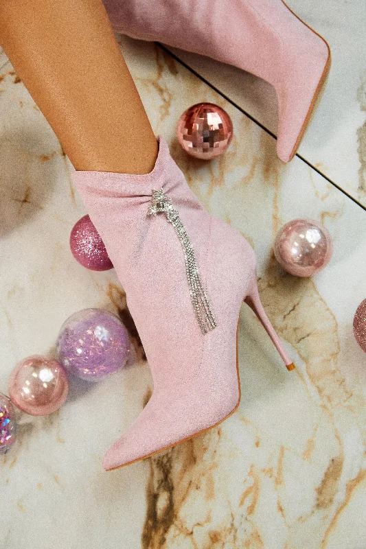 Boots with worn ridge treads -Always A Party Embellished Pointed Toe Bootie - Pink