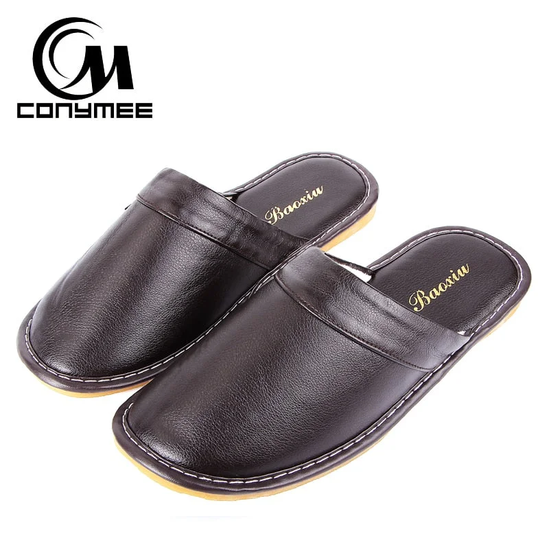 Slippers with chill nap eves -Men Leather Casual Home Non-slip Male Soft Floor Slipper