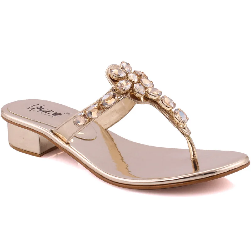 Slippers with sealed nap grip -Women “TACITA” Diamond Encrusted T-Strap Low Block Heel Slip On Slippers