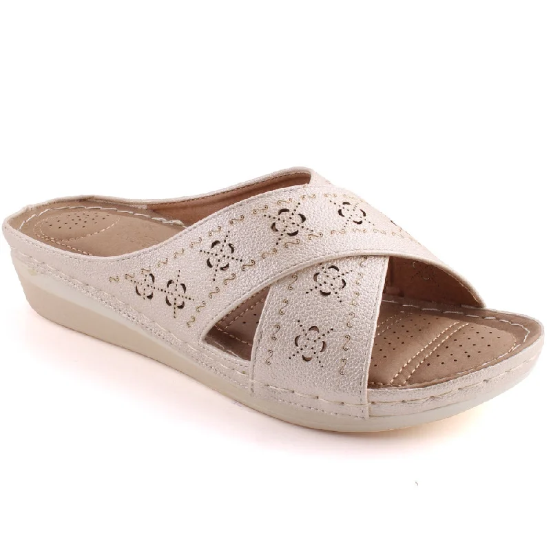 Slippers with plump nap pads -Women “CAMILA” Summer Cutout Design Wedge Cross Over Comfort Slippers