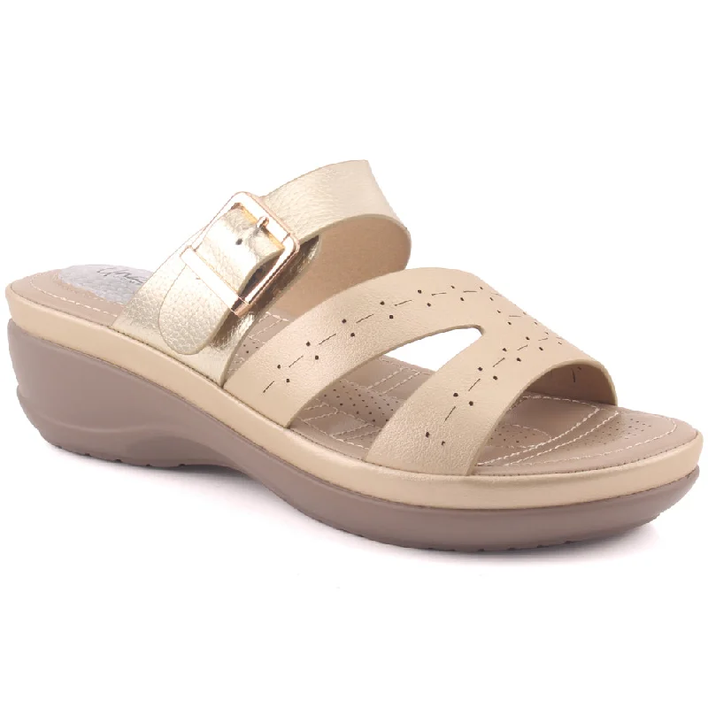 Slippers with pure all-day calm -Women "BRIELLE" Perforated Strap Open Toe Buckled Wedge Comfort Slippers