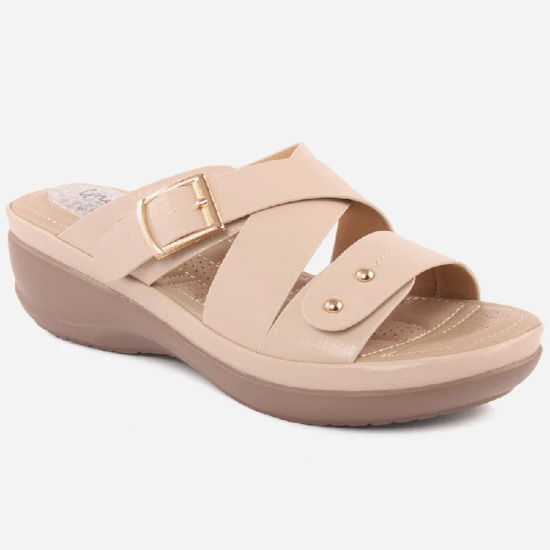 Slippers with gleam nap tops -Women "ALIZEE" Big Buckle Strappy Comfort Slippers