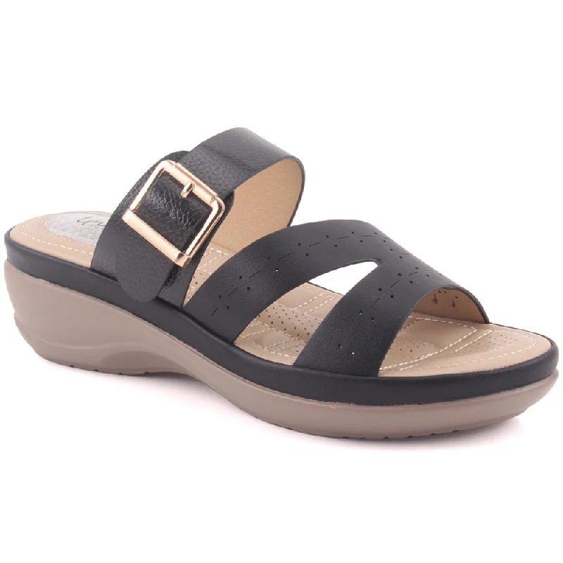 Slippers with tack nap grip -Women "BRIELLE" Perforated Strap Open Toe Buckled Wedge Comfort Slippers