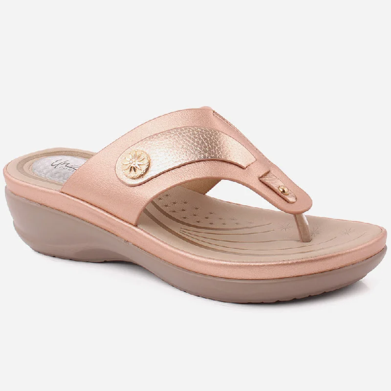 Slippers with stout nap piles -Women "EMERY" Round Metallic Stud Adorned Thong Comfort Wedge Slippers