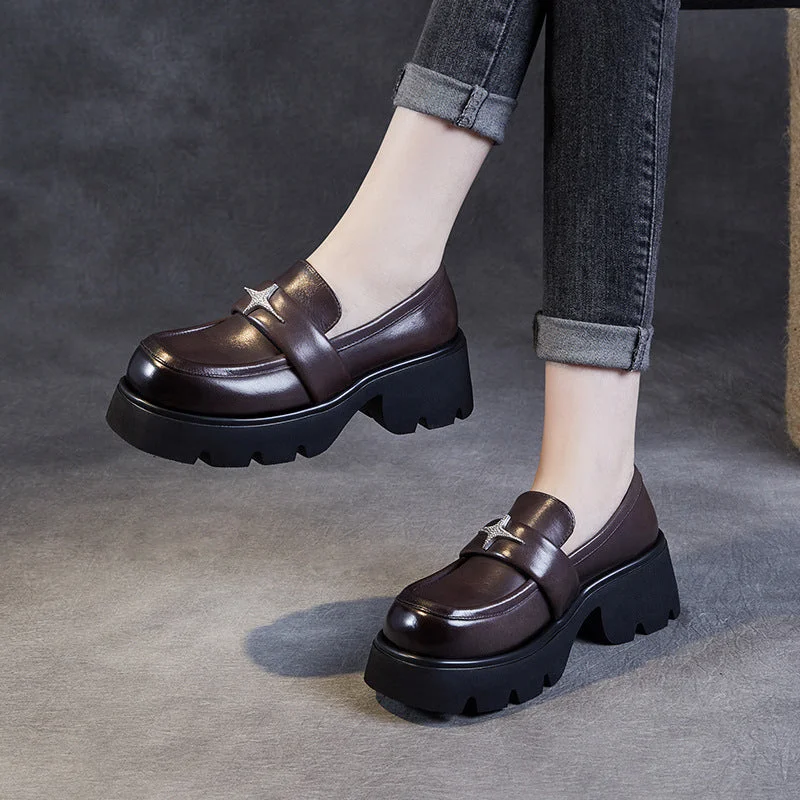 Stylish loafers for late-night urban comfort-Women Retro Leather Platform Casual Loafers