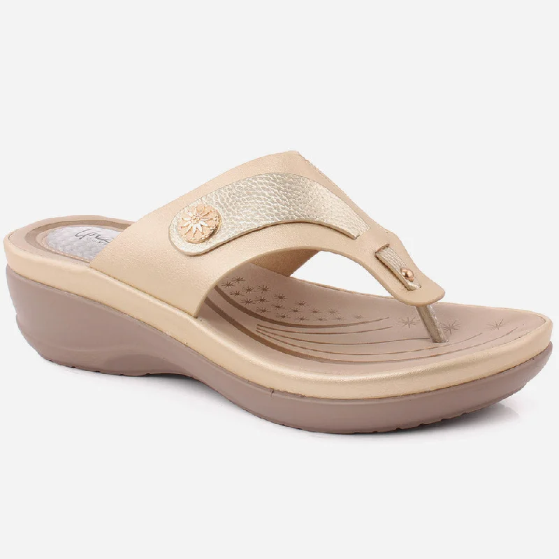 Slippers for slow nap nights -Women "EMERY" Round Metallic Stud Adorned Thong Comfort Wedge Slippers