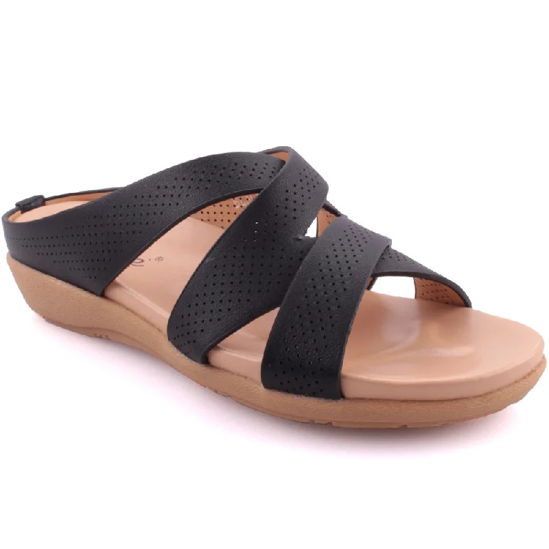 Slippers for damp nap morns -Women “REESE” Open Toe Cross Strap Perforated Slippers