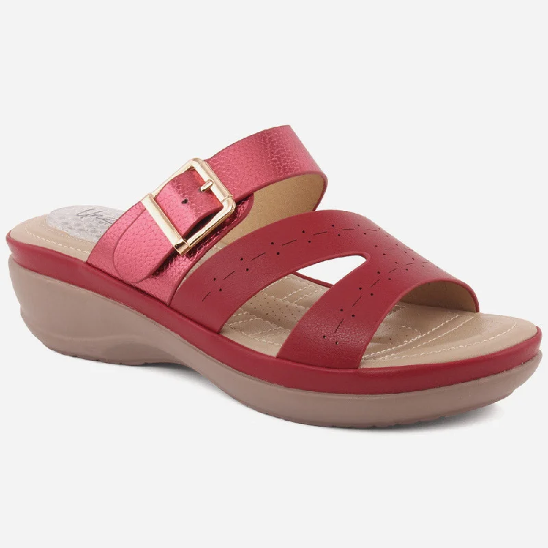 Slippers for sole nap aid -Women "BRIELLE" Perforated Strap Open Toe Buckled Wedge Comfort Slippers