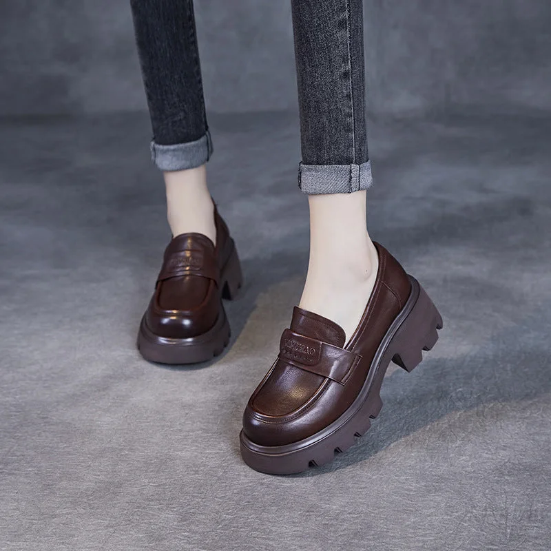 Slip-on loafers for quick evening strolls-Women Minimalism Solid Leather Chunky Heel Loafers