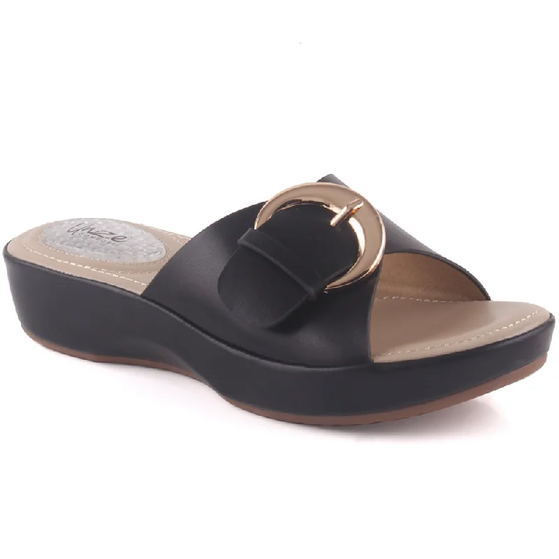 Slippers for night nap calm -Women "DALEYZA" Open Toe Thong Indoor Casual Slider Comfort  Buckled Wedge Slippers