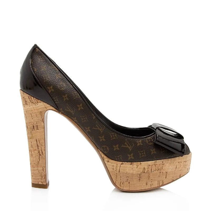 High heels for casual autumn dinners -Louis Vuitton Monogram Canvas Cork Rivoli Peep Toe Platform Pumps