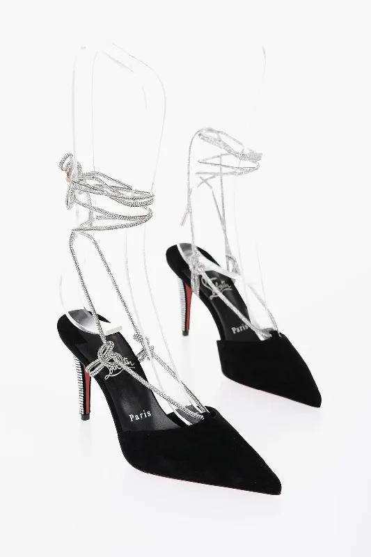 High heels for men with heel strain -Christian Louboutin Suede Astrid Lace Up Pumps With Rhinestone 8,5Cm