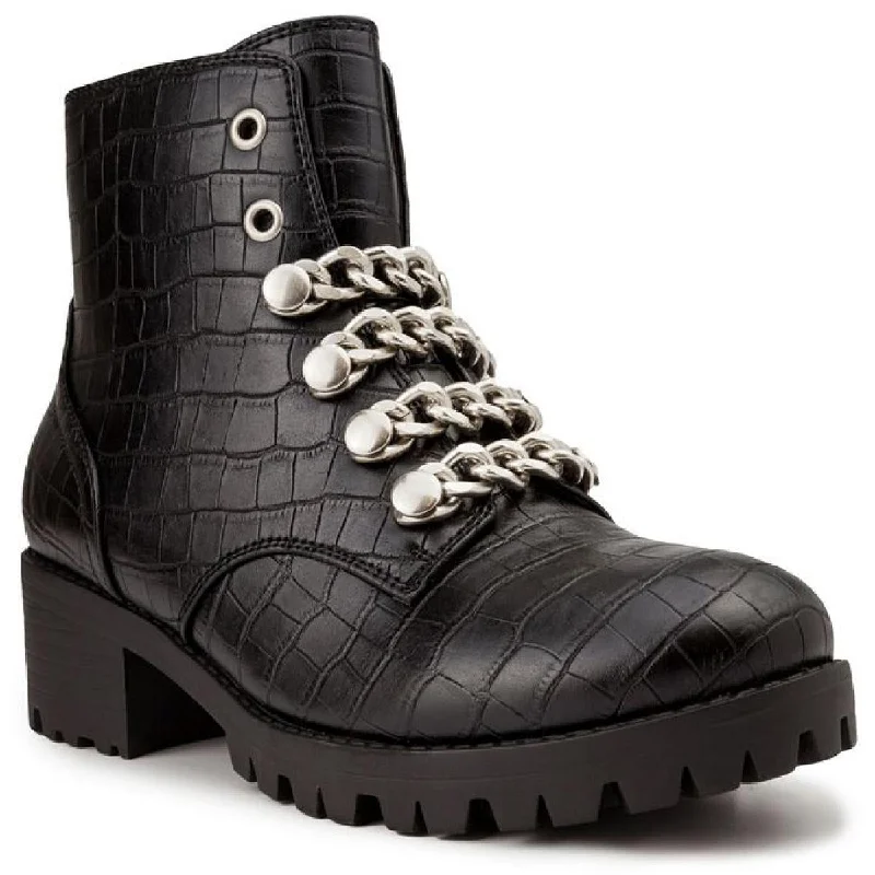 Boots with filmy weave tops -Sugar Womens Obvi Faux Leather Chain Combat & Lace-up Boots