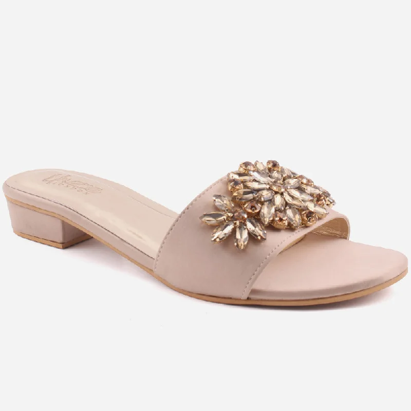 Slippers with bulk nap wins -Women"ELMIRA" Rhinestones Flat Heel Slippers