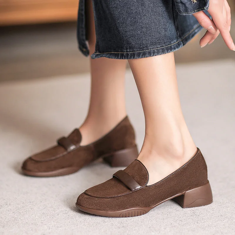 Cheap loafers for casual night strolls-Women Retro Leather Minimliast Chunky Heel Loafers