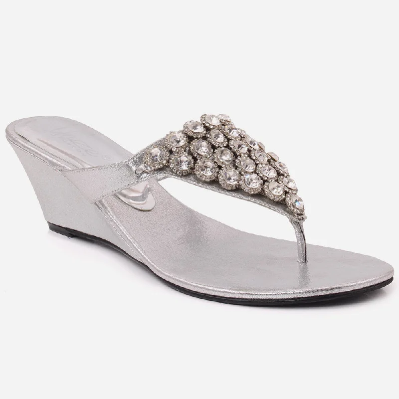 Slippers with firm nap grip -Women “FRANCINE” Thong Slip On Embellished Wedge Evening Slippers