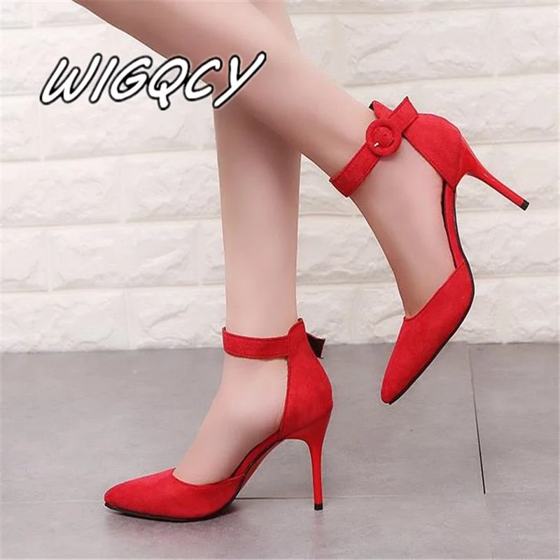 High heels for men with foot soothing -2018 New Arrival Korean Concise Pointed Toe Office Shoes Women's Fashion Solid Flock Shallow High Heels Shoes for Wome MUJER