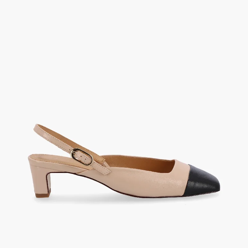 High heels with quiet slip-resistant soles -Lindy Bicolor Cream Black Leather Pumps