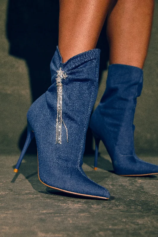 Boots with thick ridge piles -Always A Party Embellished Pointed Toe Bootie - Denim